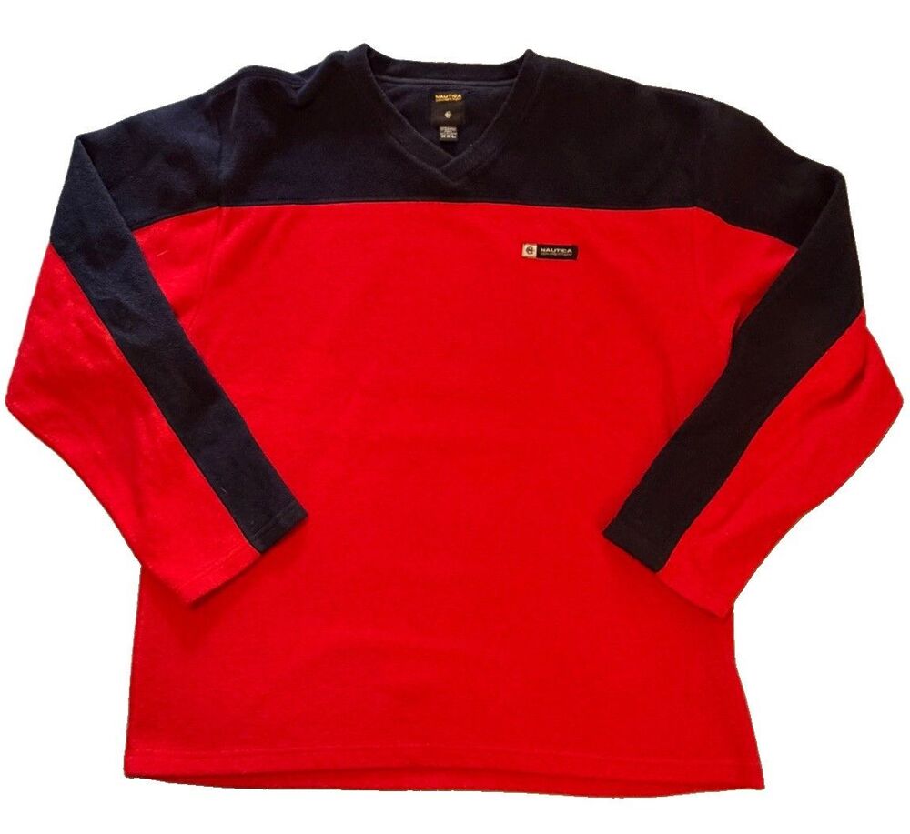 Vintage 90s Nautica Competition Fleece Pullover Mens XXL Red Navy V Neck